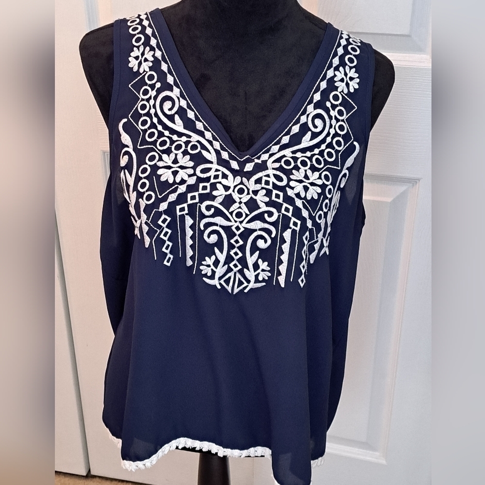 Semi Sheer Blue Sleeveless Top With Embroidered Detail     Size XXL